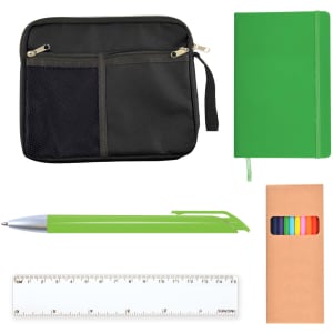 A black zippered pouch, green notebook, green pen, multicolored markers, and a white ruler arranged together.