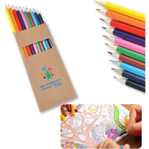 A set of colored pencils in a cardboard holder, featuring various vibrant colors with a logo on the front.