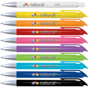 A collection of colorful pens in various shades, featuring silver accents and a logo on each pen.