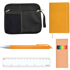 A black zippered pouch, an orange notebook, an orange pen, a ruler, and a set of colored pencils in a box.
