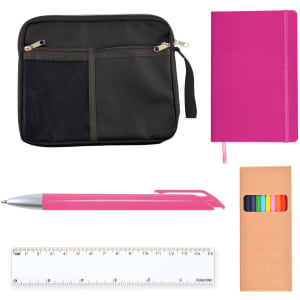 A black zippered pouch, a pink notebook, a pink pen, a colorful ruler, and a box of colored pens.