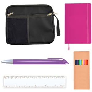A black zipper pouch, a pink notebook, a purple pen, a ruler, and a box of colored pencils.