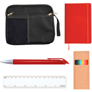A black zippered pouch, a red notebook, a red pen, a colored pencil set, and a white ruler.