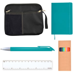 A zippered pencil case, a teal notebook, a teal pen, a pack of multicolored sticky notes, and a clear ruler.