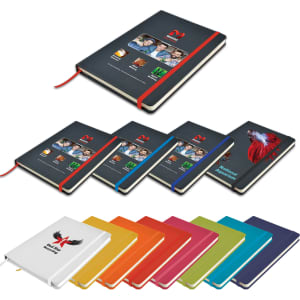 A collection of notebooks in various colors, including black, white, orange, pink, green, and blue, with elastic bands and logos.