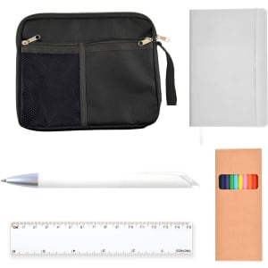 A black zippered pouch, a white notebook, a white pen, a brown box of colored markers, and a clear ruler.