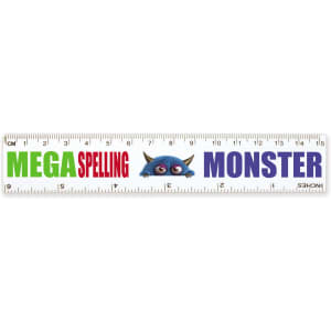 A ruler featuring the text "MEGA Spelling MONSTER" alongside a cartoon monster graphic, designed with a colorful design.
