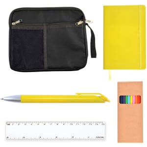 A black zippered pouch, a yellow notebook, a yellow pen, a transparent ruler, and a box of colored pencils.