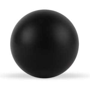 A round black stress ball designed for fun and stress relief, featuring a smooth, matte finish.