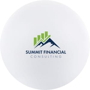 A round stress ball in white with a logo featuring green and blue mountain graphics.