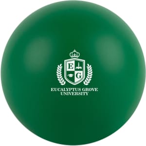 A green round stress ball with a logo featuring a crest and text.