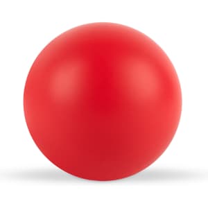 A round red stress ball designed for fun and relaxation.