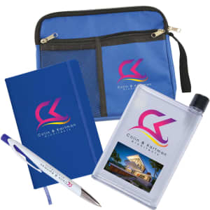 A blue conference pack featuring a pen, drink bottle, notebook, and zippered pouch, all with branding.