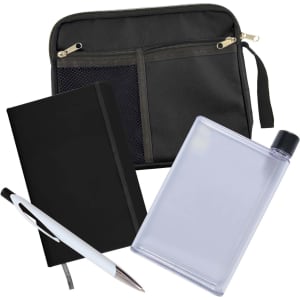 A zipped pouch with a mesh pocket, a black notebook, a clear drink bottle, and a white pen.
