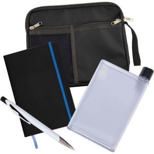 A zippered pouch containing a black notebook, a transparent drink bottle, and a pen.