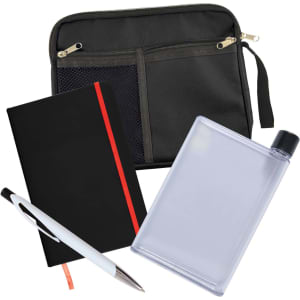 A drink bottle, a notebook with a red stripe, a pen, and a zippered pouch.