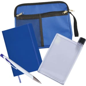 A blue zippered pouch, a clear drink bottle, a blue notebook, and a silver pen.