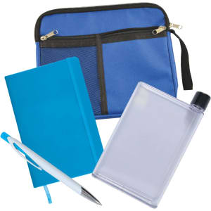 A blue zippered pouch containing a clear water bottle, a blue notebook, a blue pen, and a second blue notebook.