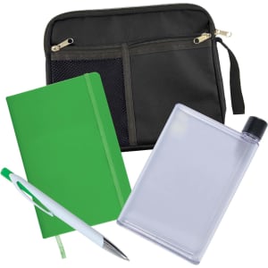 A black zippered case containing a green notebook, a transparent drink bottle, and a white pen.