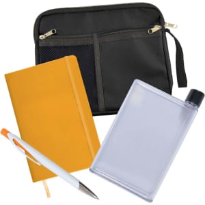 A black zippered pouch, a yellow notebook, a clear drink bottle, and a white pen with an orange accent.