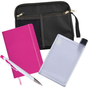 A black zippered pouch containing a pink notebook, a clear drink bottle, and a white pen.