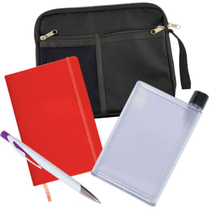 A black zippered bag containing a red notebook, a clear drink bottle, and a white pen with a purple accent.