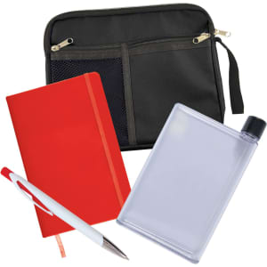 A black zippered pouch containing a red notebook, a clear drink bottle, and a white pen.