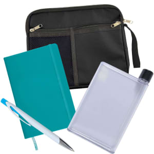 A black zippered pouch containing a blue notebook, a clear drink bottle, and a pen.