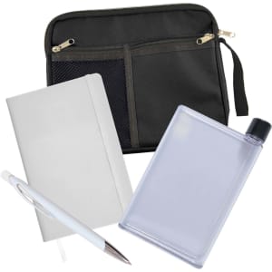 A zippered black pouch containing a clear bottle, a white notebook, and a blue pen.