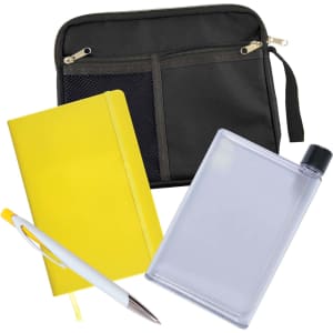 A conference pack featuring a black zipped pouch, a yellow notebook, a transparent drink bottle, and a white pen.
