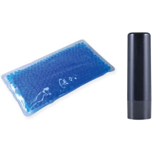 A blue gel pack and a black lip balm tube are featured in the Wellness Pack, designed for health and personal care.