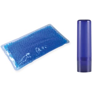 A wellness pack featuring a blue gel ice pack and a blue lip balm container.