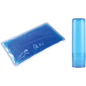 A blue cylindrical container with a screw top and a gel pack filled with blue beads nearby. Both items are in a clear plastic wrapping.