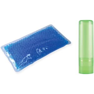 A green lip balm tube beside a blue gel pack, both in a clear packaging. The gel pack contains blue beads.