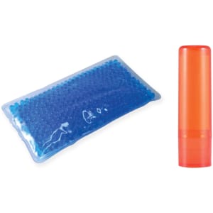 A gel pack with blue beads and an orange tube of lip balm.