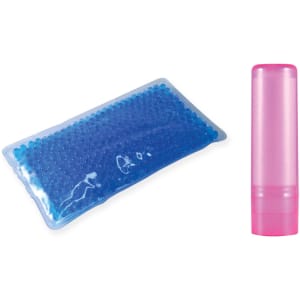 A blue gel pack alongside a pink lip balm container.