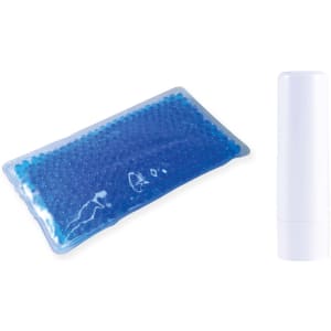 A set of wellness products featuring a gel-filled pack surrounded by blue beads and a white lip balm container.