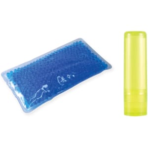 A wellness pack featuring a blue gel-filled compress and a bright yellow lip balm container.