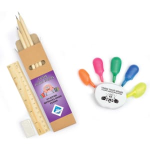 A set of pencils, a ruler, a pencil sharpener, and colorful highlighters on a white background. The items are in a promotional pack.