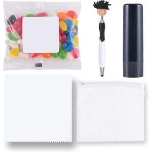 An assortment of colorful jelly beans, a black pen with a character topper, a black lip balm, a white cloth, and a clear pouch.