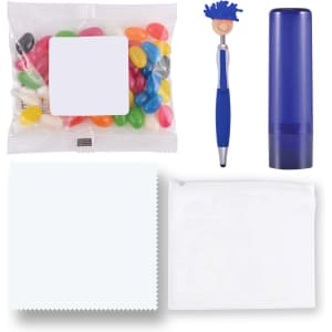A collection of colorful jelly beans, a blue pen, a purple lip balm, and white pouches.