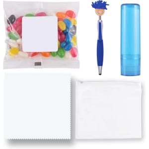 A collection of items including colorful jelly beans, a blue pen, a blue lip balm container, and two white pouches.