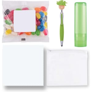 An assortment of colorful jelly beans, a green pen with a character topper, a green lip balm tube, and clear pouches.
