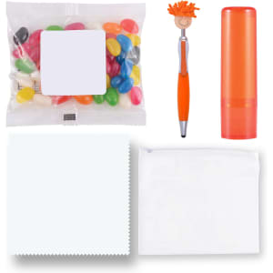 A collection of colorful jelly beans, an orange pen, a bright orange lip balm tube, and white pouches.