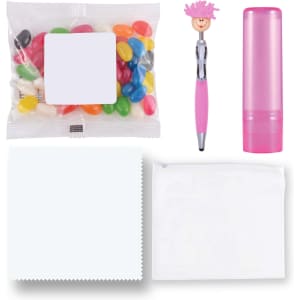 An assortment of products including colorful jelly beans, a pink pen, a pink lip balm container, a blank notepad, and a clear pouch.