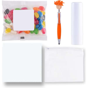 A collection of items including colorful jelly beans, an orange pen, a white lip balm tube, a white pouch, and a cleaning cloth.