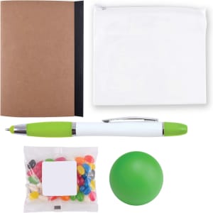 A notebook, a zip pouch, a green pen, a pack of colorful candies, and a green stress ball.
