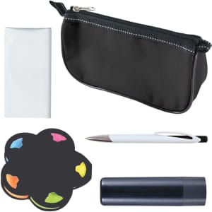 A black zippered pouch containing sticky notes in various colors, a silver pen, and a dark-colored lip balm tube.