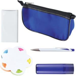 A blue pencil case containing a pen, a set of sticky notes in a flower shape, and a blue highlighter.