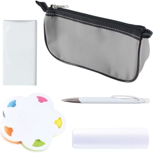 A set of gray and white promotional items including a pouch, pen, sticky notes in flower shape, and a lip balm tube.